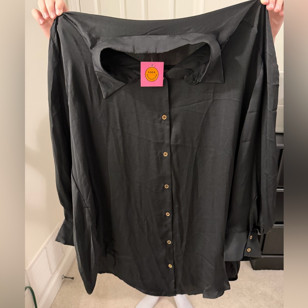 Dressed in LALA Black Long-Sleeve Button Front Blouse with Gold Buttons